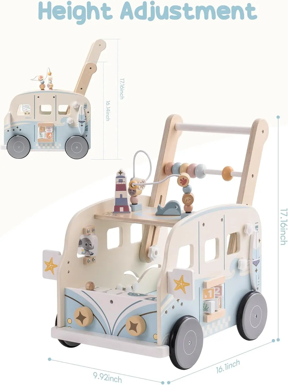 Gift-ready wooden baby walker and activity center, a developmental and educational toy for toddlers