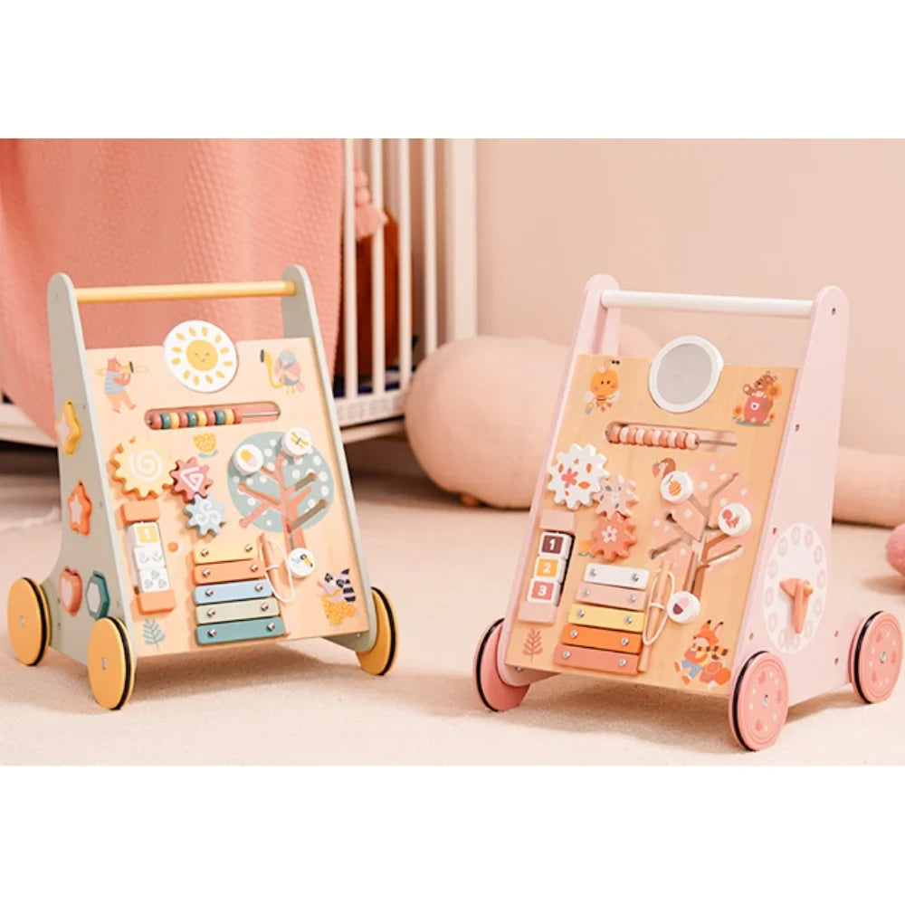 Wooden baby walker with multi-activity center, xylophone, and shape sorter for learning to walk.