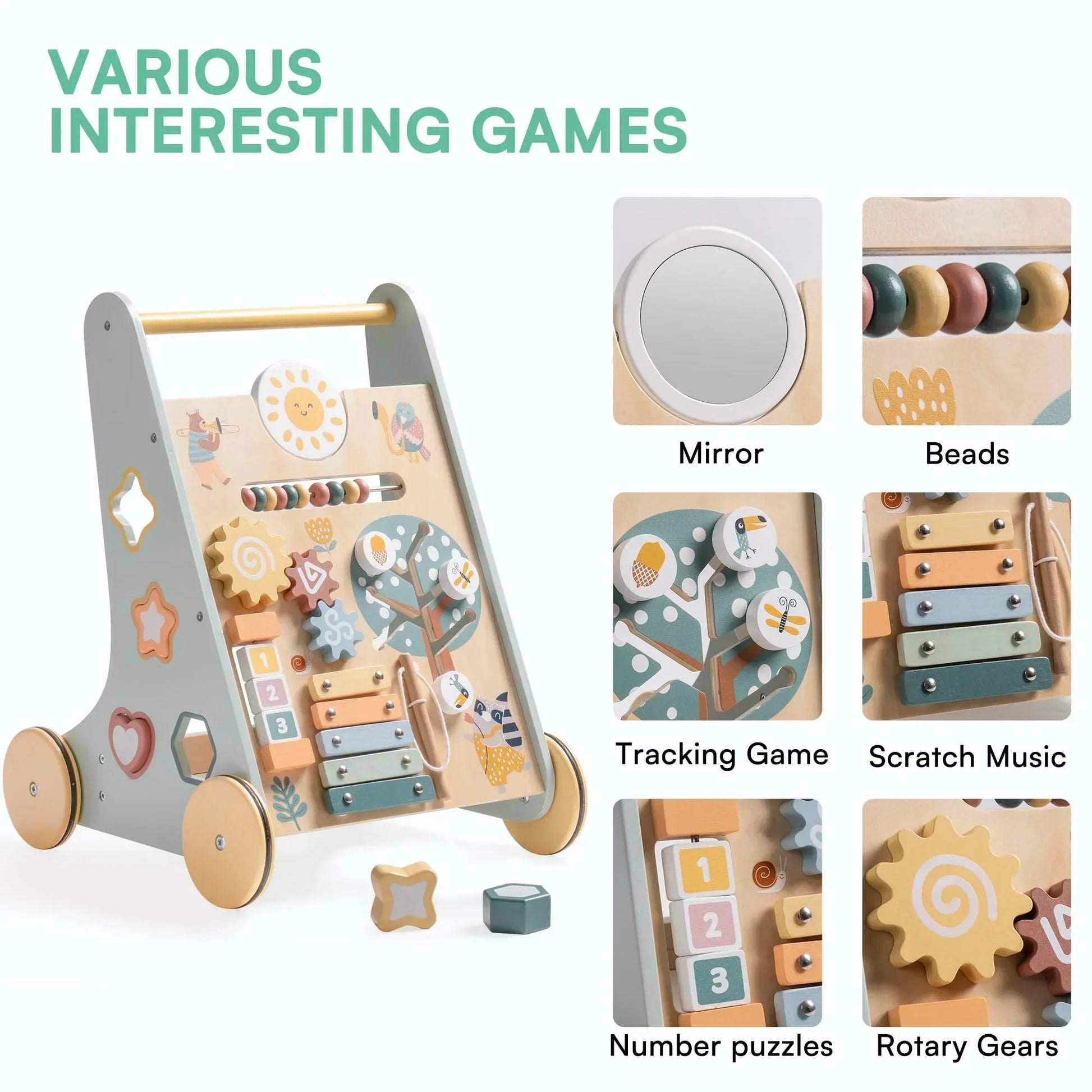 Toddler push toy: wooden baby walker featuring a shape sorter and educational activities for kids play.