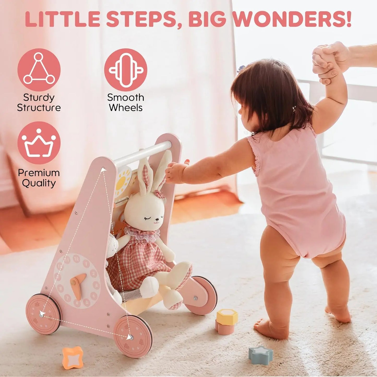 Baby gift: sturdy wooden walker and interactive activity center, promoting learning to walk.
