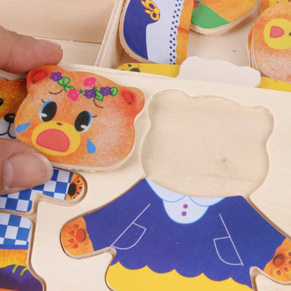 Kids play wooden dress-up bear puzzle, eco-friendly and fun.