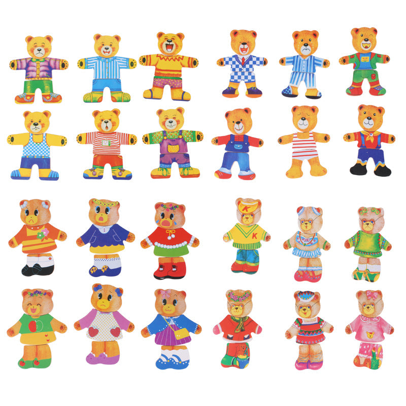 Dress-up bear jigsaw puzzle for children, made from sustainable wood.