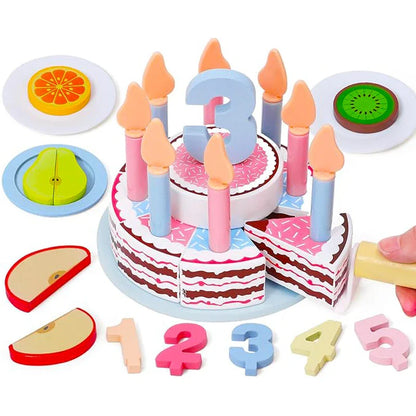 Wooden birthday cake & tea party set for kids. Pretend play toy, educational & engaging for toddlers.