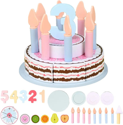 Role play wooden birthday cake & tea set. Develops social skills & encourages imaginative kids' play.