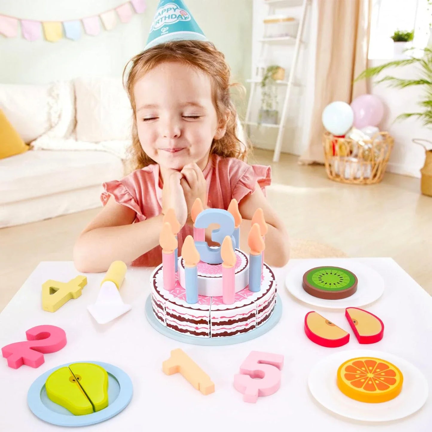 Colorful wooden birthday cake with removable candles & slices. Perfect pretend play food for toddlers.