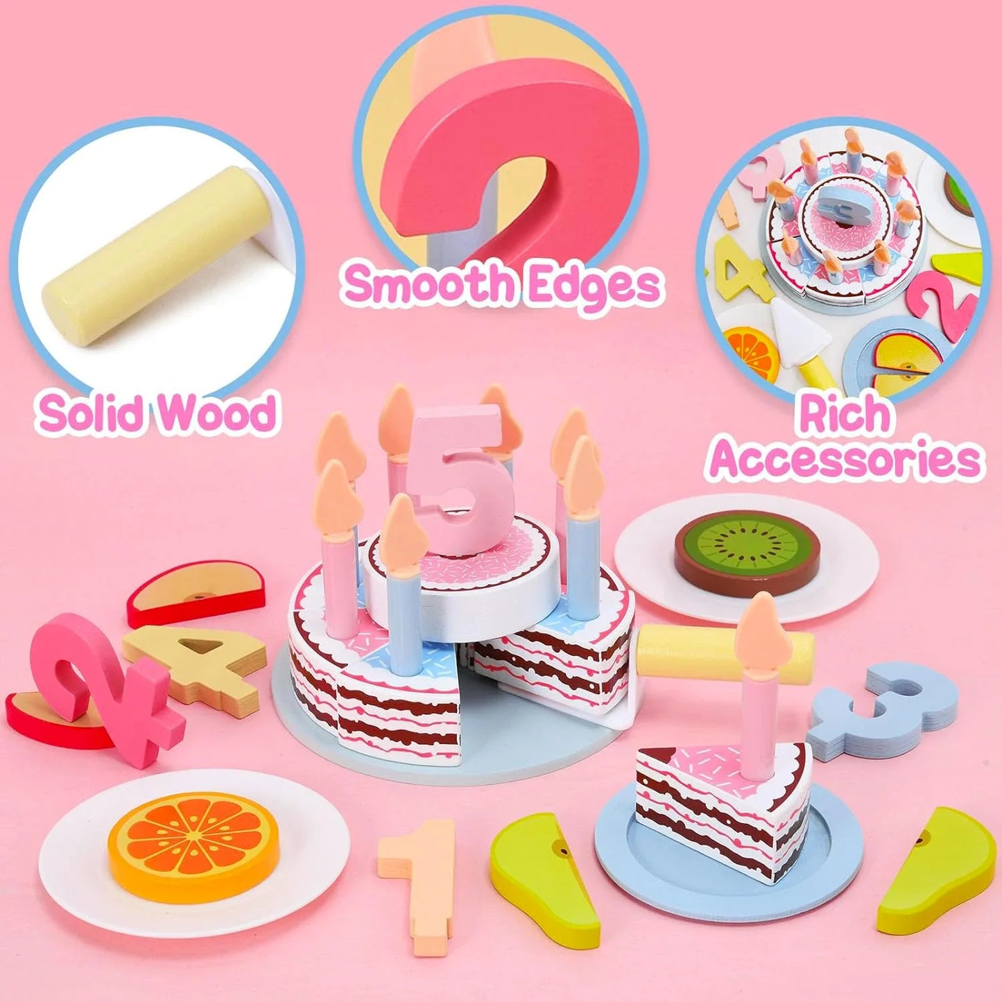 Montessori wooden play food set: birthday cake & tea. Enhances fine motor skills & imaginative play.