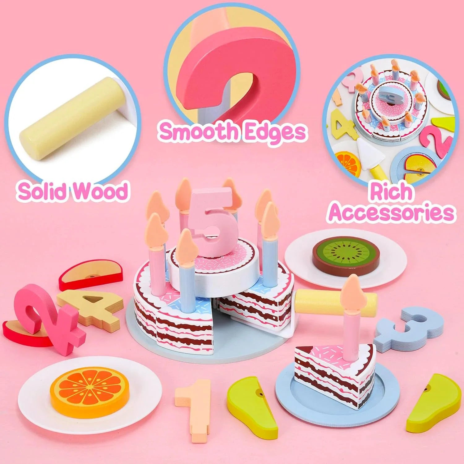 Montessori wooden play food set: birthday cake & tea. Enhances fine motor skills & imaginative play.