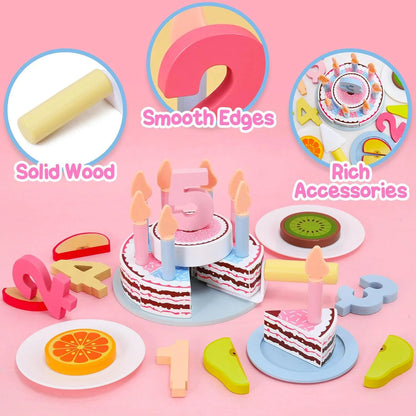 Montessori wooden play food set: birthday cake & tea. Enhances fine motor skills & imaginative play.