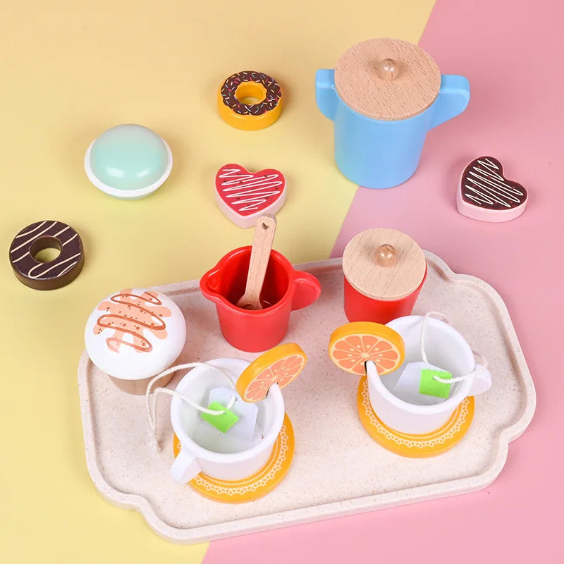 Toddler gift: Educational wooden birthday cake & tea party set. Ideal for kids' kitchen pretend play.
