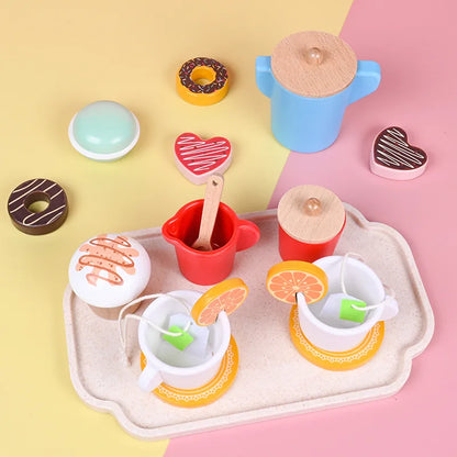 Toddler gift: Educational wooden birthday cake & tea party set. Ideal for kids' kitchen pretend play.