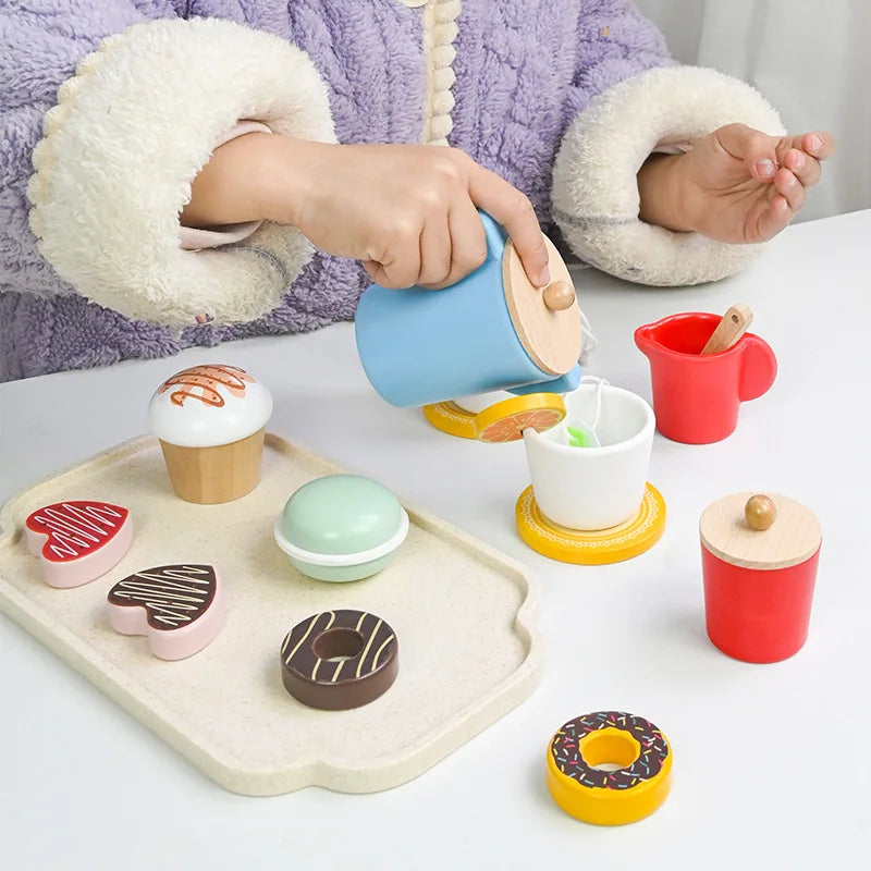 Pretend play wooden birthday cake & tea set. Fosters imaginative role play & creativity in toddlers.