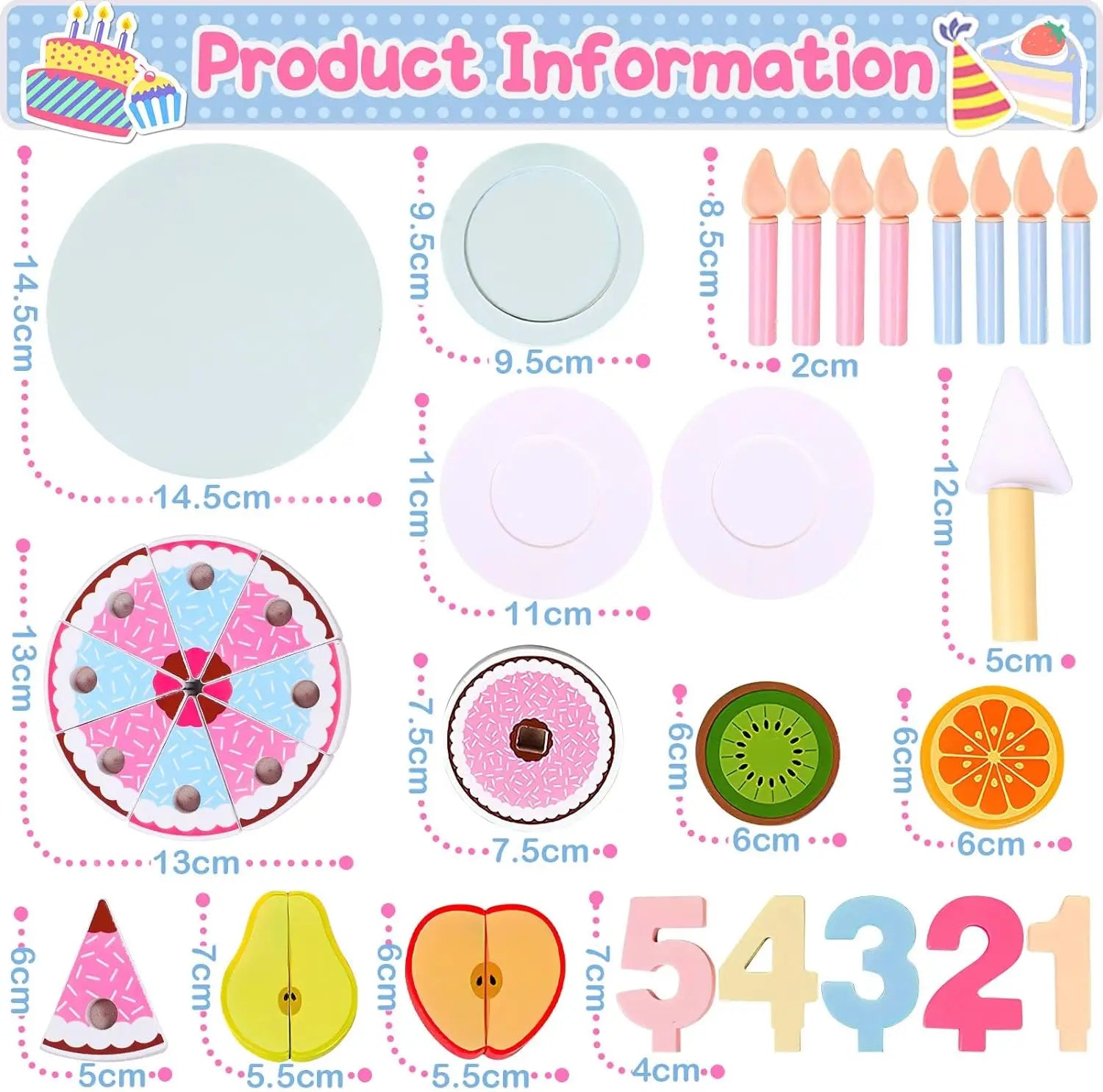 Durable wooden play food set: birthday cake, tea party items. Perfect for endless toddler pretend fun.