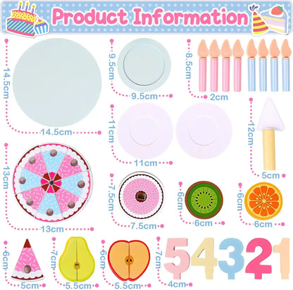 Durable wooden play food set: birthday cake, tea party items. Perfect for endless toddler pretend fun.