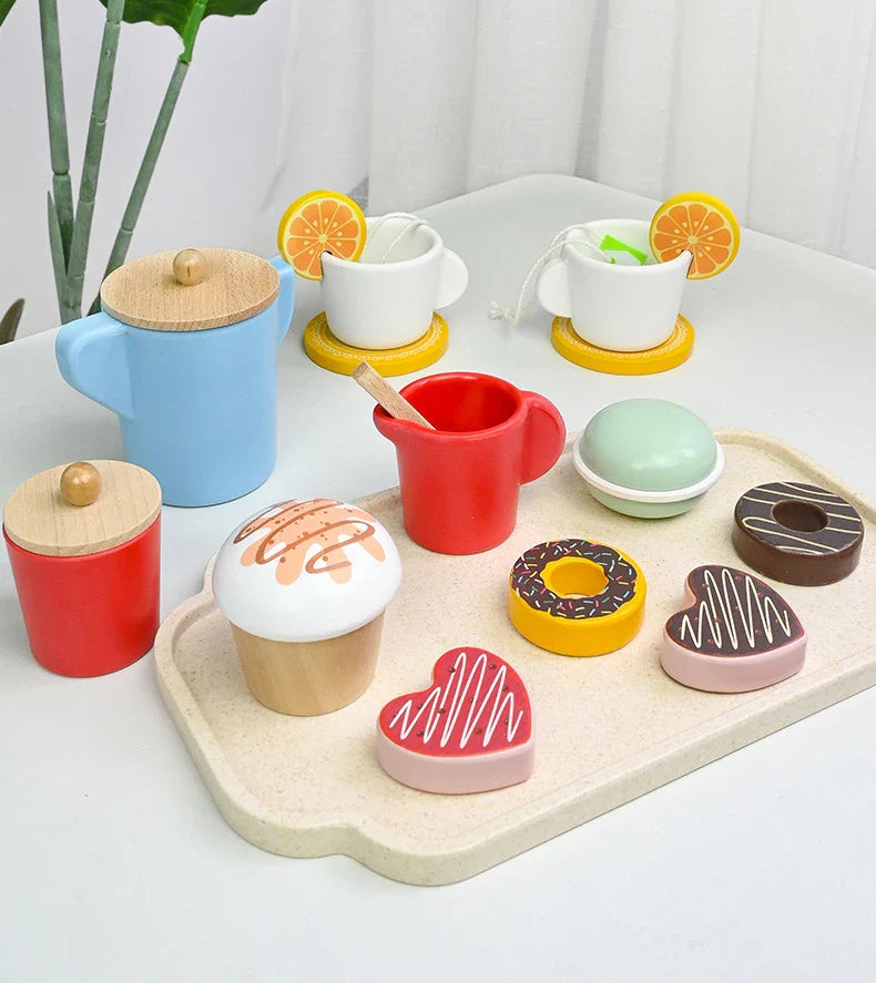 Kids serving wooden birthday cake & tea. Engaging in imaginative pretend play & role-playing fun.