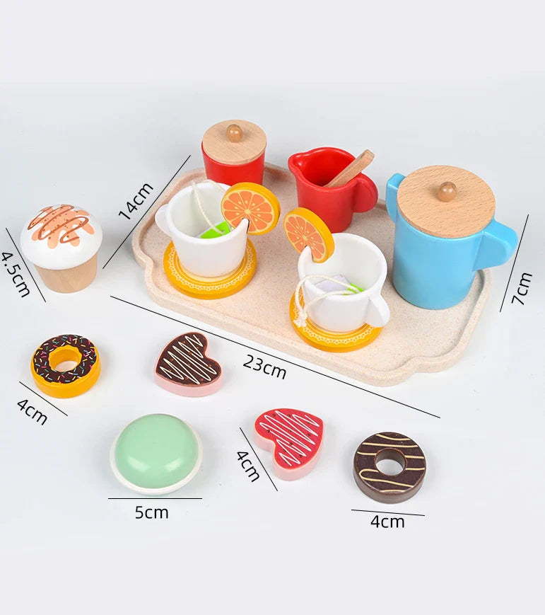 Wooden cake slices, teapot, cups, & treats. A fun, educational tea party play food set for toddlers.