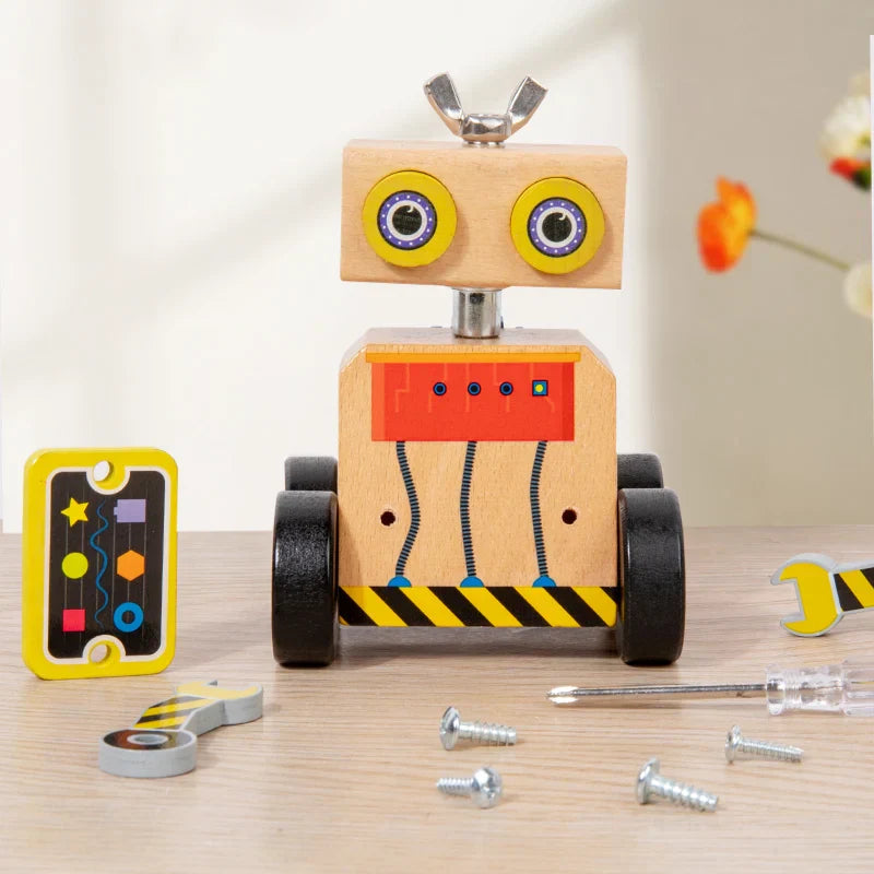 Toddler-friendly wooden robot toy, construction pieces for creative building play