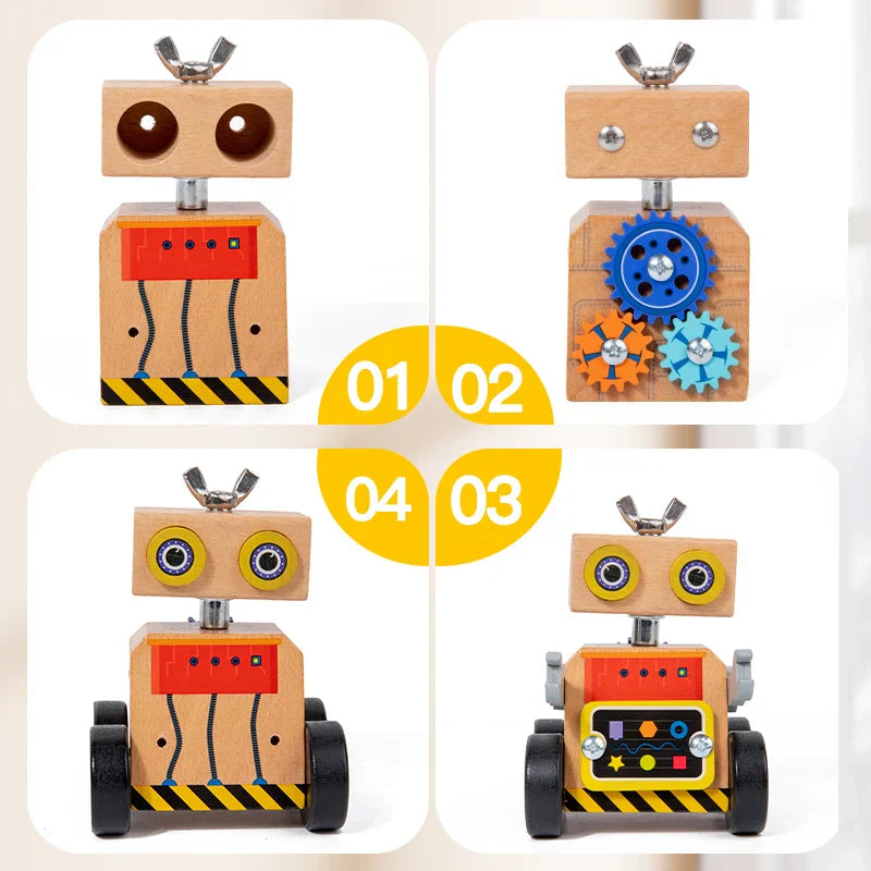 Eco-friendly wooden robot building toy, promotes motor skills and imaginative play