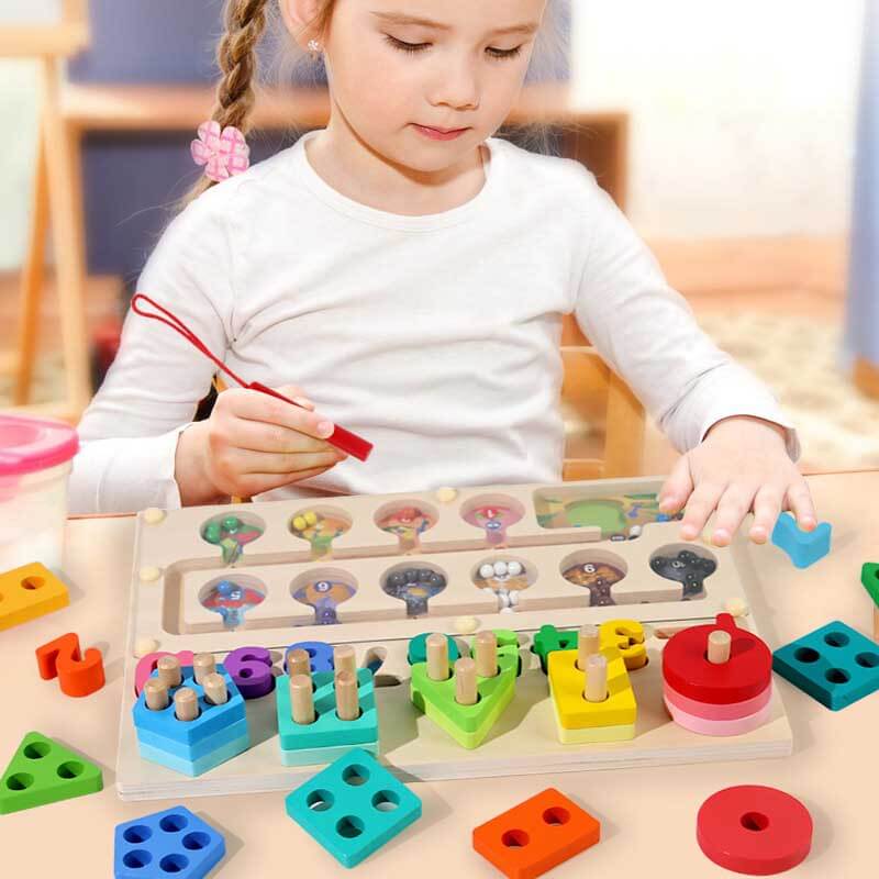 Wooden educational toy, children counting beads, color sorting game for preschoolers