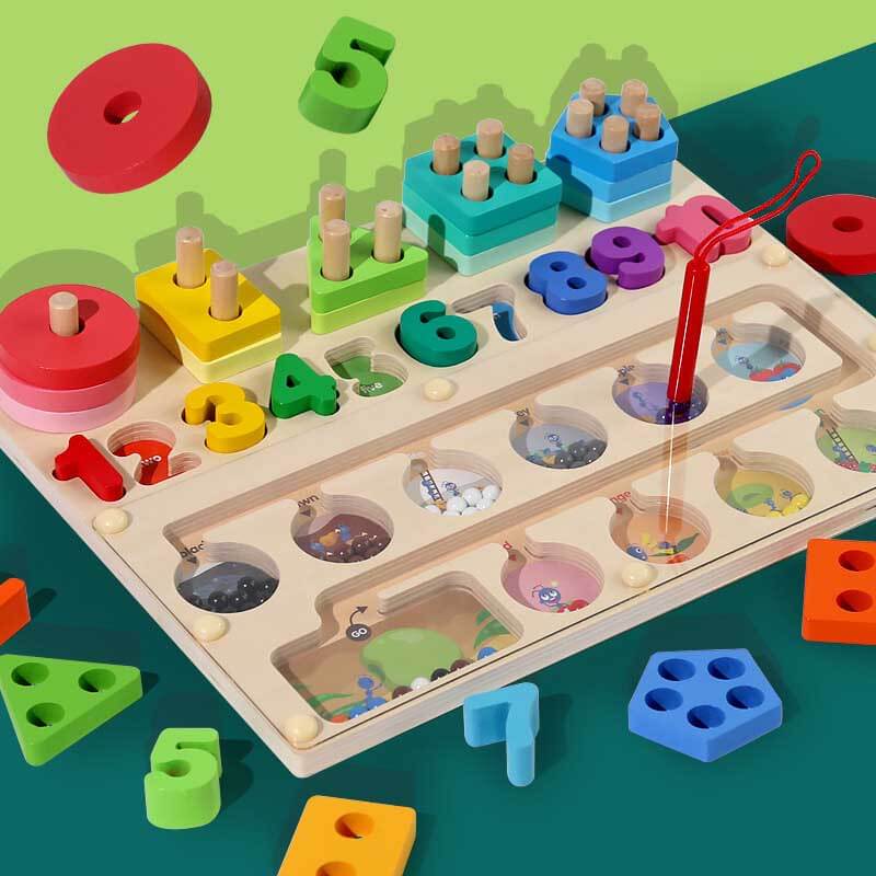 Toddler using wooden counting toy, learning colors and numbers, developing fine motor skills