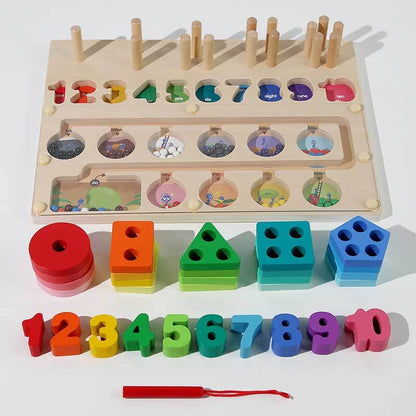 Set of wooden educational toys for toddlers, counting, color sorting, and fine motor skill development