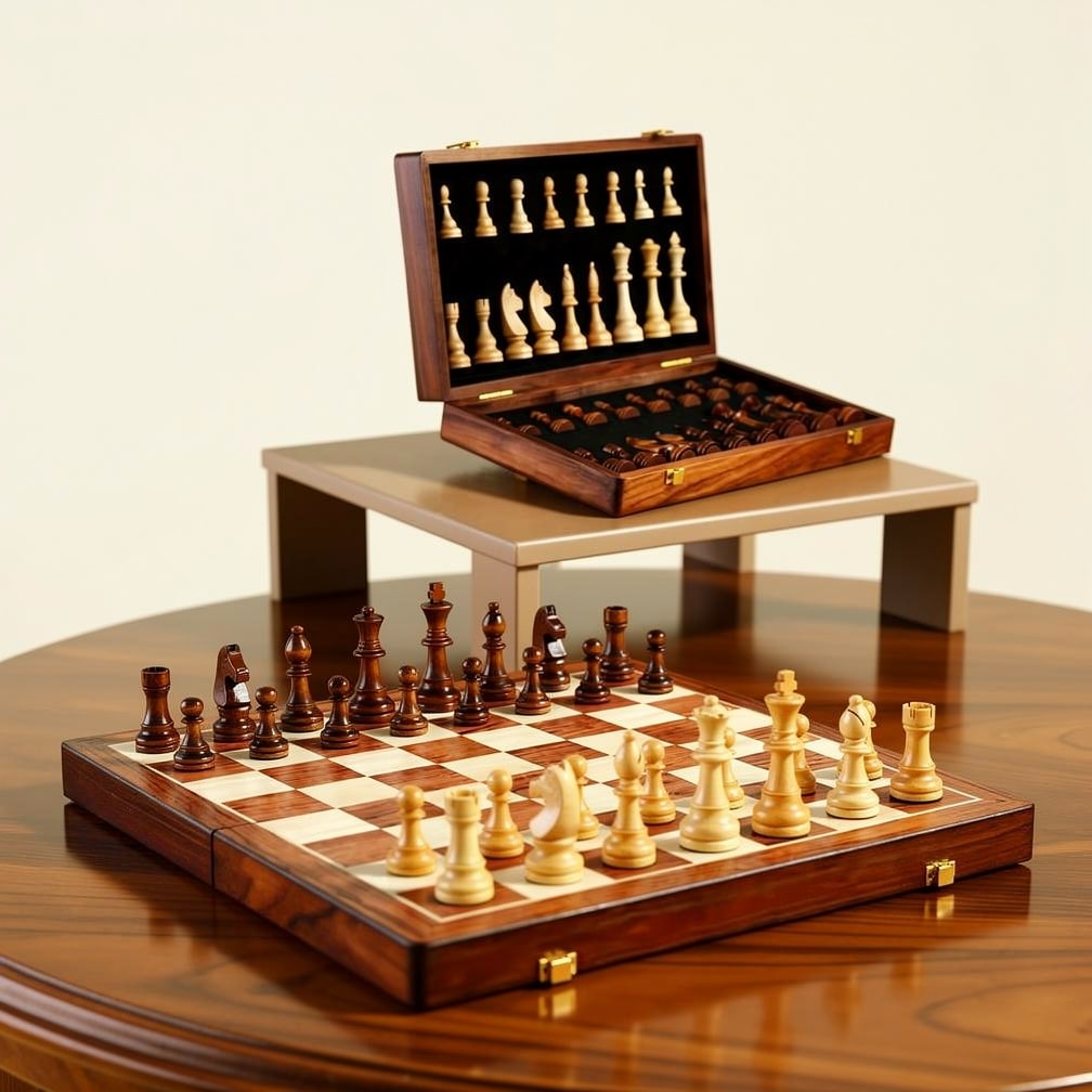 Wooden foldable chess set with pieces, portable for travel and family games.
