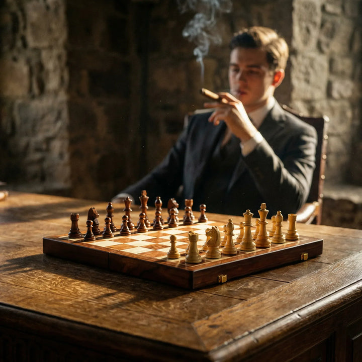 Classic wooden chess set, foldable design & portable for travel. Includes carved wood pieces.