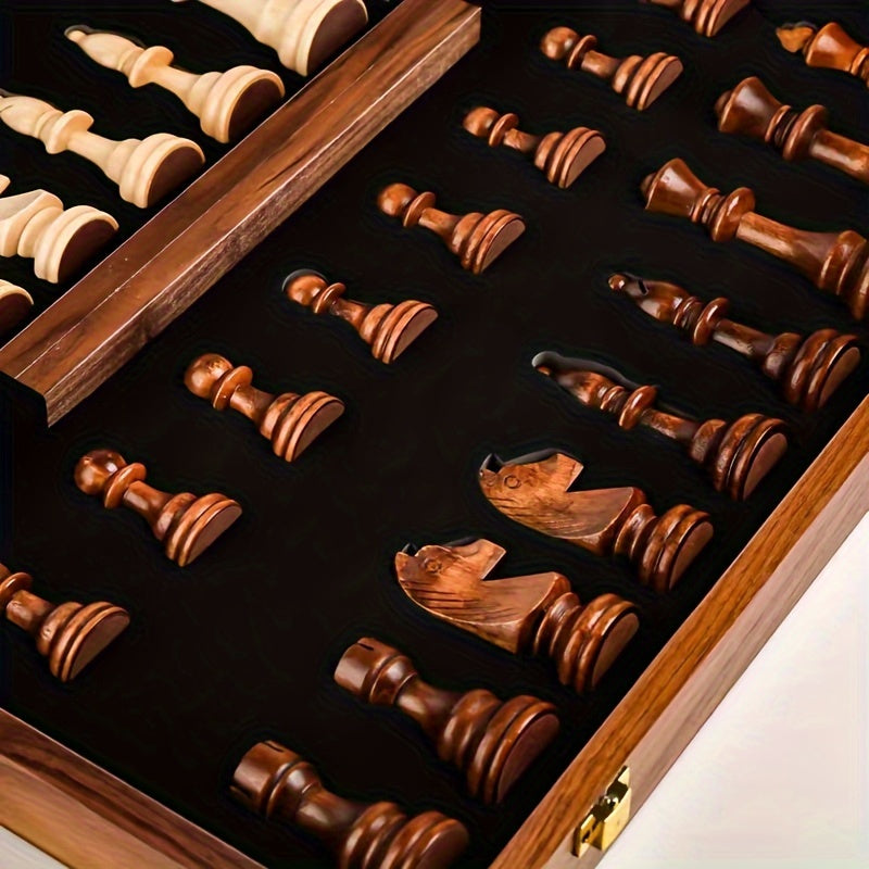 Strategy board game: Wooden chess set with foldable board and included chess pieces.