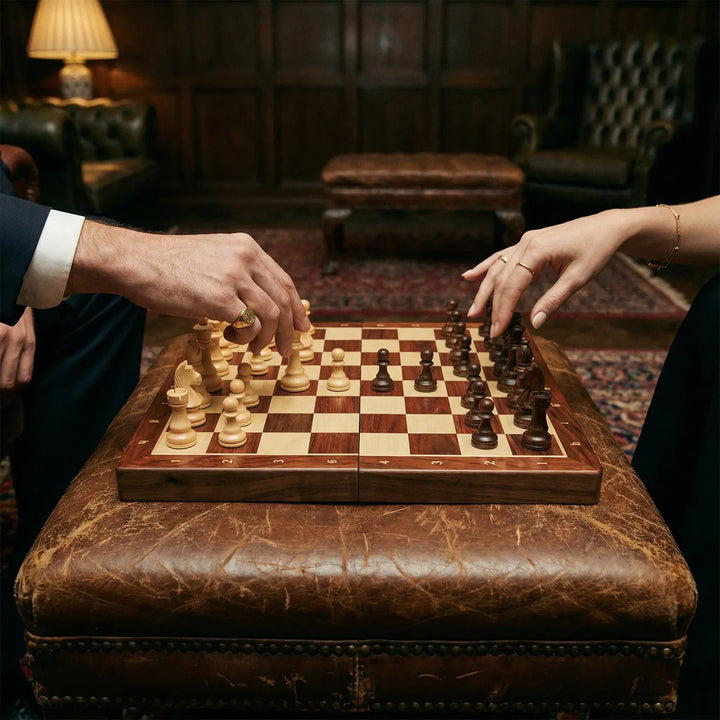 Portable wooden chess set for travel, family fun, and strategy. Foldable board & classic pieces.