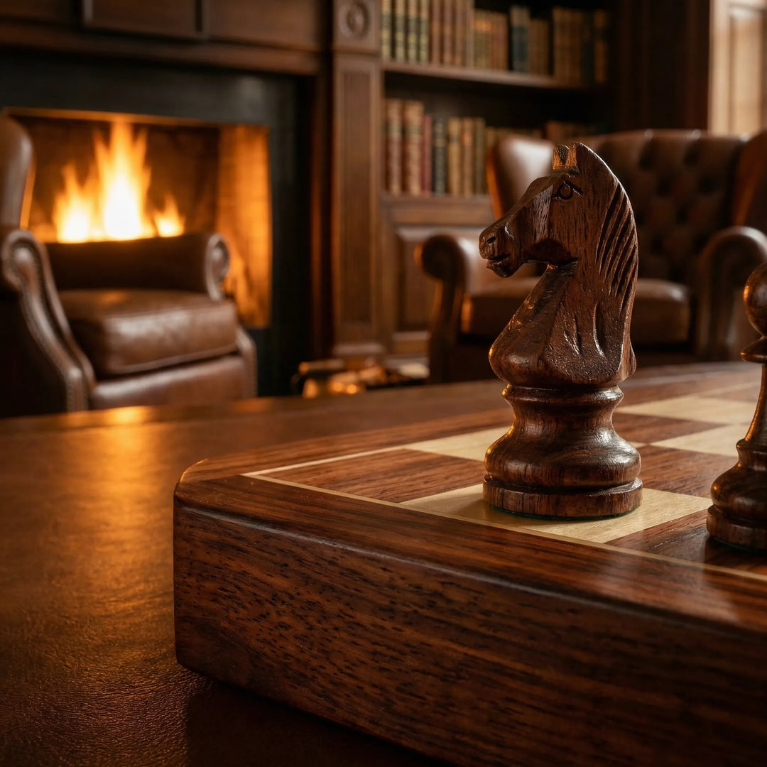 Unisex wooden foldable chess set. Portable board game with classic wood pieces for strategy.
