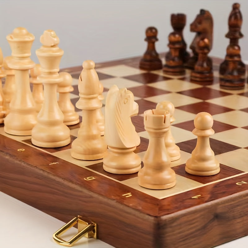 Compact wooden foldable chess set, ideal for travel. Includes all 32 classic chess pieces.