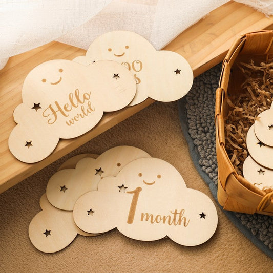 Wooden 'Hello World' baby milestone card, perfect for newborn photography keepsake.
