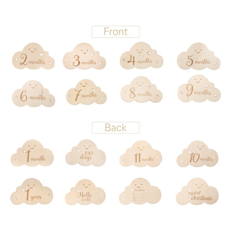 Cloud-shaped wooden baby milestone cards for newborn memory and photography keepsake set.