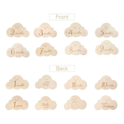 Cloud-shaped wooden baby milestone cards for newborn memory and photography keepsake set.