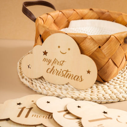 Baby monthly milestone wooden cards depicting 'One Month Old' for infant photography gift.