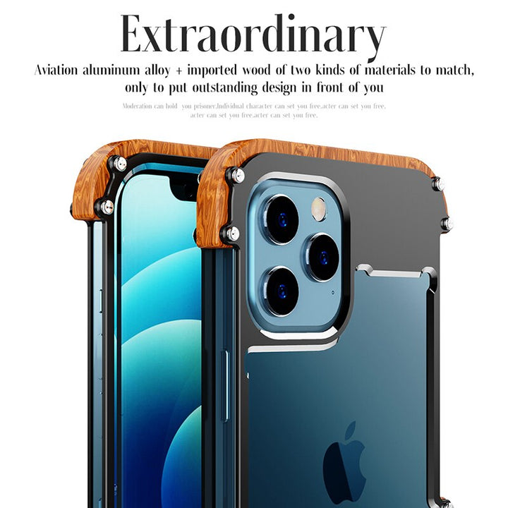 Close-up of a premium wooden iPhone case, showcasing the distinct natural wood grain and robust phone protection.