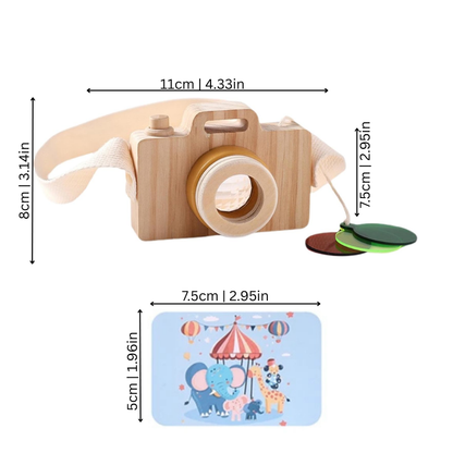 Close-up of a child's wooden kaleidoscope camera toy, fostering sensory exploration and creative learning