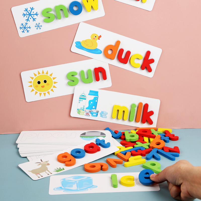 Wooden Kids' Educational Spelling Game with colorful letter blocks, perfect for preschool learning and development.