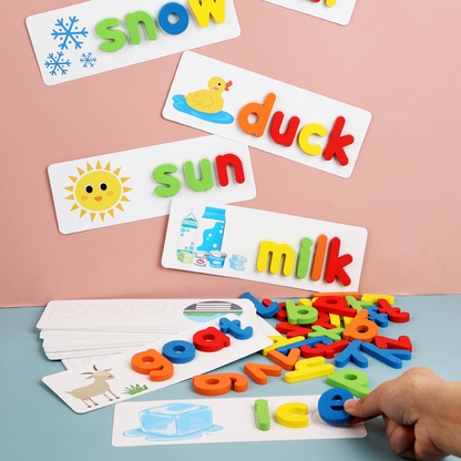 Wooden Kids' Educational Spelling Game with colorful letter blocks, perfect for preschool learning and development.