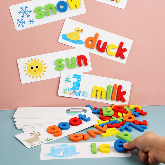 Wooden Kids' Educational Spelling Game with colorful letter blocks, perfect for preschool learning and development.
