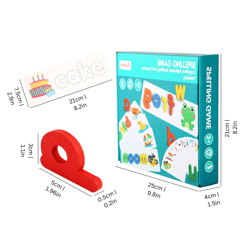 Early childhood wooden spelling game showing a child engaged in educational play with letter tiles, ideal for learning.