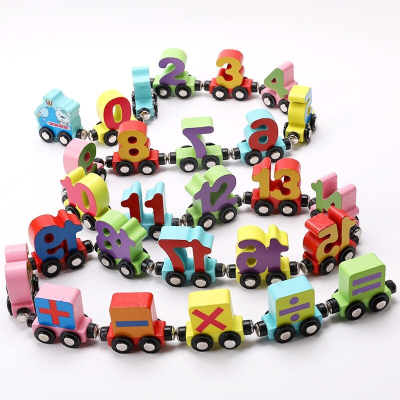 Unisex kids wooden train set with magnetic alphabet and number blocks, develops motor skills