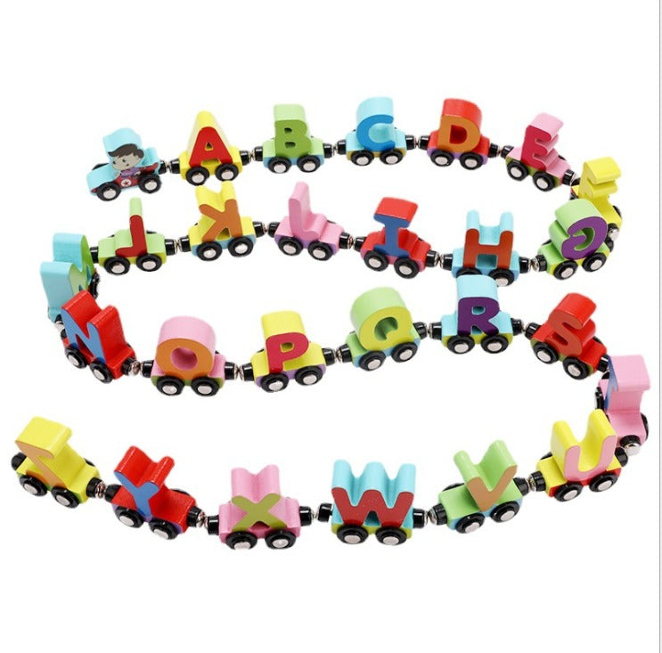 Educational wooden magnetic train toy featuring colorful alphabet letters and numbers for kids