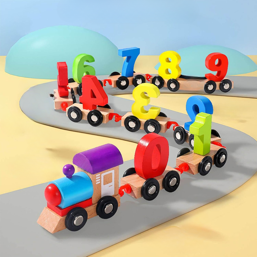 Close-up of magnetic connection on a wooden alphabet and number learning train for children