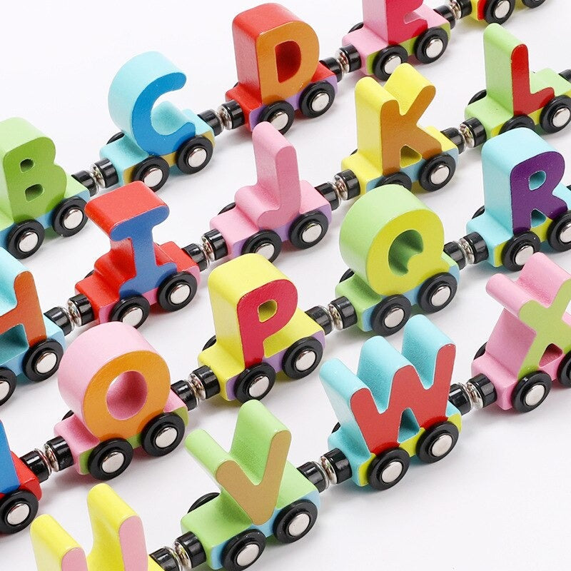Complete set of wooden magnetic train cars, each with an alphabet or number, for early learning