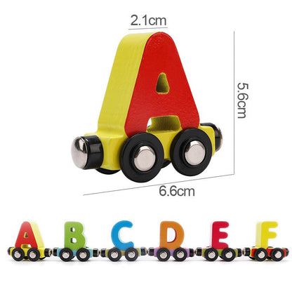 Preschool educational wooden toy train set with magnetic alphabet and number blocks on display