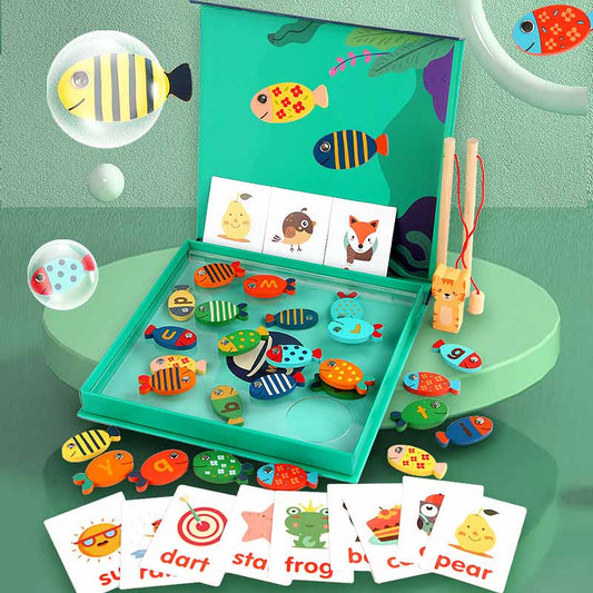 Wooden magnetic fishing game for kids, colorful fish shapes, educational toddler toy, hand-eye coordination activity.