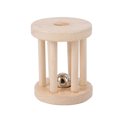 Isolated image of a Wooden Merry Roller rattle, showcasing its natural wood finish and details