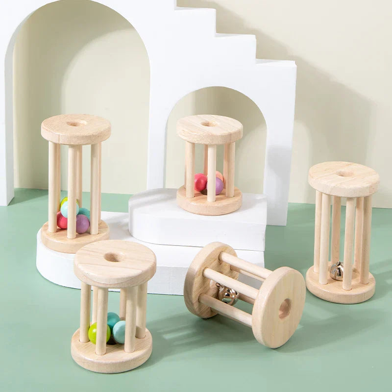 Nontoxic wooden Merry Roller sensory rattle toy for baby's early development and musical play