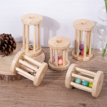 Close-up of Baby's Wooden Merry Roller, a sensory rattle and musical toy for infants