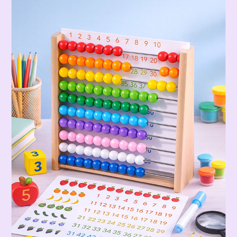 Montessori wooden abacus, bright beads, designed for early math learning activity for children.